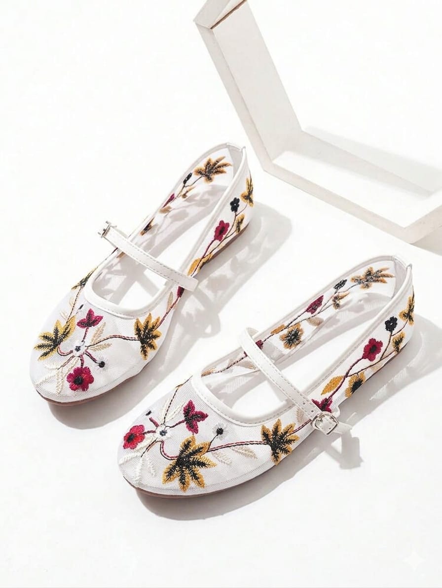 Floral Embroidery Flats Pump Shoe ( ALLOW TO OPEN AND FREE SHIPPING )